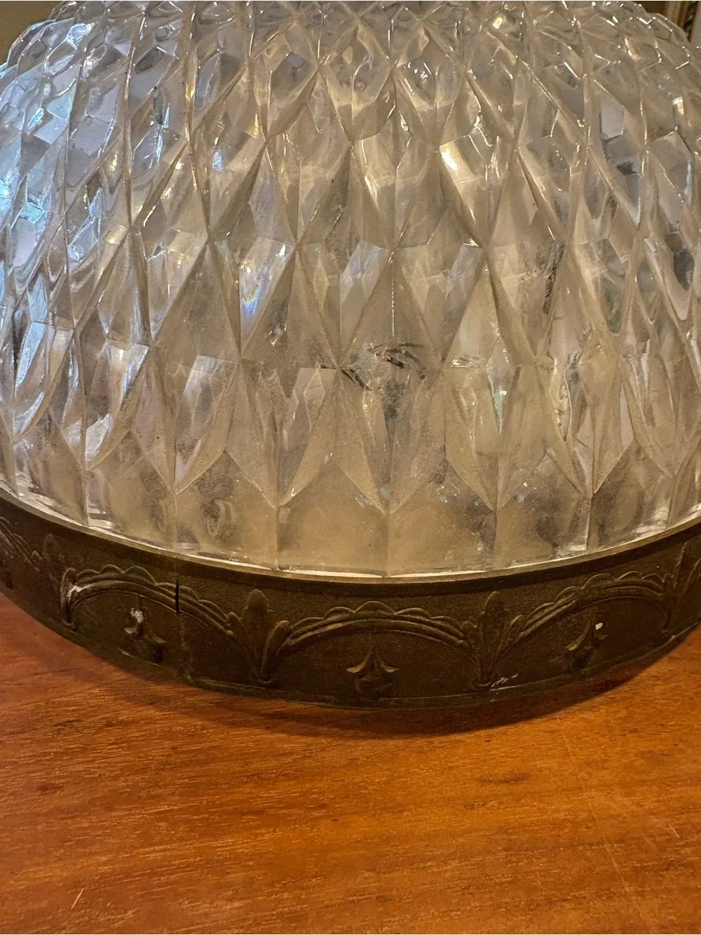 Vintage Glass Dome Ceiling Fixture in Frosted Clear with Brass Trim